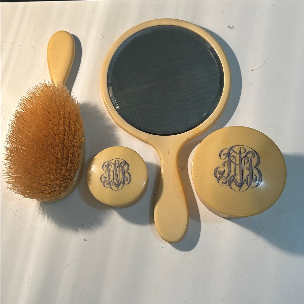 Vintage French Celluloid Vanity Set – Mirror, Brush & Powder Jars (Monogram AB)